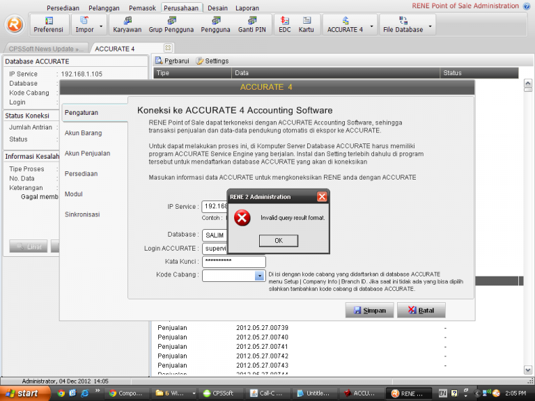 View of Error Invalid Query Result Format – Solution Center for ACCURATE & RENE
